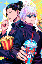 2boys back-to-back between_fingers black_hair black_jacket blue_eyes bucket closed_mouth collared_jacket colored_eyelashes colorful_background commentary_request cup drinking_straw earrings fingernails food food_on_face getou_suguru gojou_satoru hair_between_eyes hair_bun hair_pulled_back hand_up high_collar highres holding holding_cup holding_food icee jacket jewelry jujutsu_kaisen jujutsu_tech_uniform long_sleeves looking_at_viewer looking_to_the_side male_focus multiple_boys open_mouth plug_(piercing) popcorn round_eyewear shibakawaiiii short_hair single_hair_bun slushie stud_earrings sunglasses very_short_hair white_eyelashes yellow_eyes