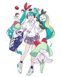 2girls 2others aqua_eyes aqua_hair bag ballet beanie black_dress black_socks blush bracelet closed_eyes closed_mouth collared_shirt dress full_body gen_3_pokemon gen_5_pokemon gloves green_hair grey_skirt hair_between_eyes hand_on_own_hip hat hatsune_miku headphones highres jewelry keaworks kirlia legendary_pokemon long_hair looking_at_another meloetta meloetta_(aria) multiple_girls multiple_others musical_note mythical_pokemon nintendo official_alternate_costume official_alternate_hairstyle open_mouth piano_print plaid_clothes plaid_skirt poke_ball poke_ball_print pokemon pokemon_(creature) project_voltage psychic_miku_(project_voltage) ralts shirt shoes short_sleeves shoulder_bag simple_background single_glove skirt smile socks vocaloid white_background white_gloves white_shirt white_shoes