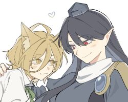 2girls animal_ears black_hair blonde_hair blue_dress blush closed_mouth dress fox_ears fox_girl hair_between_eyes hand_on_another&#039;s_back hat heart iizunamaru_megumu kudamaki_tsukasa long_hair long_sleeves looking_at_another medium_hair multiple_girls open_mouth pointy_ears red_eyes sakic43899 shirt short_sleeves smile tail tokin_hat touhou white_background white_shirt yellow_eyes yuri