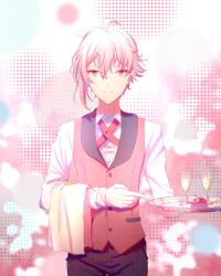 1boy alcohol black_pants buttons cake cake_slice champagne champagne_flute closed_mouth collared_shirt collared_vest commentary confeitoo cowboy_shot cup dress_pants dress_shirt drinking_glass food gloves hair_between_eyes halftone halftone_background highres holding holding_tray idolish7 kujou_tenn long_sleeves looking_at_viewer male_focus napkin pants pink_background pink_eyes pink_hair pink_vest plate shirt short_hair single_sidelock sleeve_cuffs smile solo standing straight-on symbol-only_commentary tray vest waiter white_gloves white_shirt