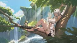1boy 1girl adjutant_(snowbreak) arm_strap arms_up bangle black_gloves black_hair black_shorts blue_sky blush bracelet branch breasts brown_hair caustics cleavage cliff clothing_cutout cloud cloudy_sky dappled_sunlight dark-skinned_female dark_skin dress elbow_gloves elf eyebrows_hidden_by_hair foliage from_side full_body gloves gold greco-roman_clothes green_eyes grey_hair hair_between_eyes hair_ornament highres hip_vent jewelry knee_up landscape large_breasts leaf leaf_hair_ornament leg_up legs light_rays looking_to_the_side midriff multicolored_hair navel navel_cutout nita_(snowbreak) nita_-_pulse_(sylvan_spirit) off-shoulder_dress off_shoulder official_alternate_costume official_alternate_hairstyle official_art on_tree open_mouth outdoors pointy_ears reflection reflective_water short_hair_with_long_locks shorts shorts_under_dress sideboob sidelocks single_glove sitting sitting_on_branch sky snowbreak:_containment_zone streaked_hair stretching stuffed_toy sunlight teeth thigh_strap thighs toenails toes toned tongue tree tree_shade water water_drop waterfall white_dress