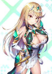 1girl blonde_hair breasts chest_jewel cleavage cleavage_cutout closed_mouth clothing_cutout commentary_request dress earrings elbow_gloves floating_earrings gloves hand_on_own_hip highres jewelry large_breasts long_hair looking_at_viewer mythra_(xenoblade) novady short_dress signature simple_background smile solo straight_hair swept_bangs thigh_strap tiara white_dress white_gloves xenoblade_chronicles_(series) xenoblade_chronicles_2 yellow_eyes