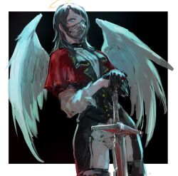 1girl angel angel_wings bang_dream! bang_dream!_it&#039;s_mygo!!!!! black_background black_gloves black_hair black_mask blue_eyes border capelet commentary_request feathered_wings gloves halo hands_on_hilt highres long_hair long_sleeves looking_at_viewer mask masquerade_mask mouth_mask osakana_(denpa_yun&#039;yun) pants red_capelet shirt solo standing sword timoris_(bang_dream!) traditional_halo two-tone_pants weapon white_border white_shirt white_wings wings yahata_umiri yellow_halo
