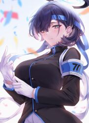 Rule 34 | 1girl, absurdres, alternate costume, black hair, black jacket, blue archive, blue eyes, blue headband, blush, chihiro (blue archive), closed mouth, gloves, hair behind ear, hair between eyes, headband, highres, jacket, light smile, looking at viewer, rai (newtype xm-x1), short hair, sidelocks, solo, white gloves