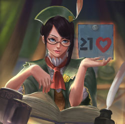 1girl absurdres asymmetrical_hair black_hair blue_eyes book chalkboard cloak commentary eyebrows female_focus glasses guildmarm_(monster_hunter) hat heart highres inkwell joseph_putra_wibawa lips looking_at_viewer monster_hunter_(series) monster_hunter_4 nose open_book quill semi-rimless_eyewear solo swept_bangs under-rim_eyewear upper_body