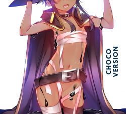 1girl arms_up asymmetrical_legwear bad_id bad_pixiv_id bandaged_leg bandages belt belt_buckle black_cape black_thighhighs blush bottomless breasts brown_hair buckle cape collar collarbone commentary dark-skinned_female dark_skin english_commentary english_text female_focus head_out_of_frame highres kono_subarashii_sekai_ni_shukufuku_wo! megumin mismatched_legwear navel oil open_mouth sarashi short_hair_with_long_locks sidelocks single_thighhigh skindentation small_breasts solo standing stomach sydus thighhighs