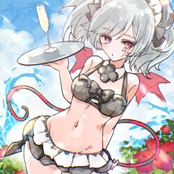 1girl arianne_the_labrynth_servant az_(colorb05) bare_shoulders bikini bikini_skirt black_bikini black_tail breasts cowboy_shot cup demon_girl demon_horns demon_tail demon_wings drinking_glass duel_monster frilled_bikini frills grey_hair holding holding_tray horns long_hair medium_breasts multicolored_hair navel outdoors pink_eyes pink_tail pink_wings solo striped_tail swimsuit tail tray twintails two-tone_hair wine_glass wings yu-gi-oh!