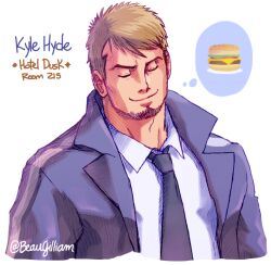1boy artist_name beard_stubble beaugilliam black_necktie blonde_hair character_name closed_eyes closed_mouth coat commentary_request copyright_name facial_hair goatee_stubble grey_coat hotel_dusk kyle_hyde male_focus necktie shirt smile speech_bubble spoken_food stubble thought_bubble twitter_username white_background white_shirt