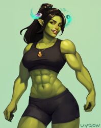 1girl abs artist_name black_hair black_shorts black_sports_bra breasts brown_eyes colored_skin crystal female_orc green_background green_skin highres jewelry medium_breasts navel necklace orc pointy_ears ponytail short_shorts shorts simple_background solo sports_bra tusks vyron_s workout_clothes