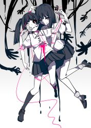 2girls aie bad_id bad_pixiv_id black_footwear black_hair black_legwear black_skirt blood blunt_bangs collared_shirt colored_skin dripping dripping_eye extra_arms eyeball grey_eyes hand_on_another&#039;s_cheek hand_on_another&#039;s_face highres looking_at_viewer monoe monoko multiple_girls open_mouth pleated_skirt shaded_face shirt shoes short_sleeves skirt smile socks spot_color stitches string string_of_fate twintails white_legwear white_shirt white_skin yume_nikki
