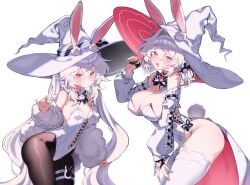 2girls animal_ears blush breasts colored_eyelashes detached_sleeves fang highres large_breasts long_hair looking_at_viewer multiple_girls open_mouth original pantyhose rabbit_ears rabbit_tail red_eyes savi_(byakushimc) short_hair simple_background skin_fang small_breasts tail twintails very_long_hair white_background white_eyelashes white_hair