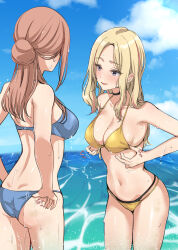 2girls absurdres adjusting_clothes adjusting_swimsuit ass back bikini black_choker blonde_hair blue_bikini breasts brown_hair choker cleavage cloud collarbone commentary_request from_behind gakuen_idolmaster hair_bun highres himesaki_rinami idolmaster juo_sena layered_bikini long_hair medium_breasts multicolored_hair multiple_girls murabito_c navel ocean pink_hair purple_eyes stomach swimsuit two-tone_hair wet yellow_bikini