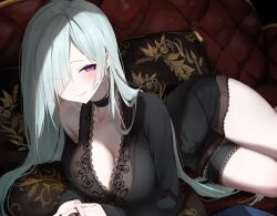 1girl black_chemise black_choker breasts character_request chemise choker cleavage closed_mouth collarbone copyright_request couch grey_hair hair_over_one_eye highres lace_trim large_breasts long_hair long_sleeves on_couch pillow purple_eyes solo thigh_strap thighs twt_vv202
