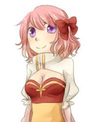 1girl arch_bishop_(ragnarok_online) blush bow breasts cleavage cleavage_cutout closed_mouth clothing_cutout commentary_request cross dress hair_bow juliet_sleeves long_sleeves looking_at_viewer medium_breasts meiko_(nattu303) pink_hair puffy_sleeves purple_eyes ragnarok_online red_bow sash short_hair simple_background smile solo two-tone_dress upper_body white_background white_dress yellow_sash