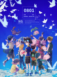 3girls 5boys blonde_hair blue_background blue_shirt brown_eyes brown_hair brown_shorts bug butterfly dated digimon digimon_(creature) digimon_adventure digimon_day everyone from_behind green_hat green_shirt group_picture hat highres insect ishida_yamato izumi_koshiro kido_jo konagonana koromon medium_hair mochimon multiple_boys multiple_girls nyaromon orange_shirt pukamon pyocomon shirt short_hair shorts simple_background sweater tachikawa_mimi takaishi_takeru takenouchi_sora tanemon tokomon tunomon yagami_hikari yagami_taichi