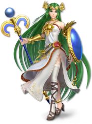 1girl 3d armpits asymmetrical_footwear asymmetrical_legwear bare_shoulders belt collarbone dress female_focus full_body green_eyes green_hair high_heels highres jewelry kid_icarus kid_icarus_uprising long_hair mismatched_footwear mismatched_legwear nintendo palutena parted_bangs shield solo staff strapless strapless_dress super_smash_bros. thighhighs tiara transparent_background uneven_footwear very_long_hair white_thighhighs