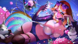 1girl absurdres ahoge arielle_(vtuber) blonde_hair blue_eyes blue_hair blue_shorts breasts building cellphone character_doll choker cityscape cleavage colored_inner_hair cowlick curvy dog doll eyewear_on_head fingernails green_hair haruka_karibu heart heart-shaped_pupils heart_ahoge highres holding holding_phone indie_virtual_youtuber large_breasts long_hair lying multicolored_hair nail_polish navel o-ring o-ring_thigh_strap on_side phone purple_choker purple_nails purple_shrug sharp_fingernails short_shorts shorts shrug_(clothing) skindentation skyscraper smartphone smile sunglasses symbol-shaped_pupils thigh_strap thighhighs torn_clothes torn_thighhighs very_long_hair virtual_youtuber yuarima2 zipper zipper_pull_tab