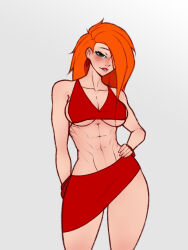 1girl abdominal_line abs absurdres alternate_breast_size bikini bikini_skirt bikini_top_only blush bracelet breasts chaotic_spellkasper cleavage collarbone earrings eyebrows eyelashes eyeliner female_focus green_eyes grey_background hair_over_one_eye half-closed_eyes hand_on_own_hip highres image_sample jewelry kim_possible kim_possible_(series) large_breasts lip_biting lipstick makeup messy_hair midriff midriff_peek narrow_waist navel obliques orange_hair red_bikini red_lips red_skirt revealing_clothes sideboob simple_background skirt solo spellkasper string_bikini swimsuit thigh_gap thighs tight_clothes toned toned_female underboob underbust