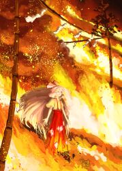1girl absurdres bow closed_eyes closed_mouth commentary_request embers expressionless fire fujiwara_no_mokou full_body grey_hair hair_bow highres long_hair ofuda ofuda_on_clothes pants red_pants ritsuzou shide shirt short_sleeves smoke solo standing suspenders touhou tree very_long_hair white_bow yellow_shirt