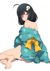 Rule 34 | 1girl, :/, ahoge, araragi tsukihi, ass, back, bare legs, bare shoulders, barefoot, black eyes, black hair, closed mouth, commentary request, egg hair ornament, expressionless, feet, food-themed hair ornament, from behind, full body, green kimono, hair ornament, half-closed eyes, highres, japanese clothes, kimono, long hair, long sleeves, looking at viewer, low twintails, monogatari (series), nishizuki shino, no panties, obi, off shoulder, sash, simple background, sitting, soles, solo, toes, twintails, white background, wide sleeves, yokozuwari