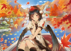 architecture autumn autumn_leaves backlighting bird_wings black_bow black_bowtie black_hair black_legwear black_skirt black_wings blouse blue_sky blush boat bow bowtie bridge canoe closed_mouth cloud cloudy_sky collared_shirt day east_asian_architecture feathered_wings feet_out_of_frame frills furrowed_brow hand_on_lap hand_up hat head_tilt highres leaf looking_at_viewer low_wings maple_leaf matsuda_(matsukichi) moss mountain mountainous_horizon nature outdoors petticoat pom_pom_(clothes) puffy_short_sleeves puffy_sleeves red_eyes red_hat reflection reflective_water river rock scenery shameimaru_aya shirt short_hair short_sleeves shy sitting skirt sky smile solo string swept_bangs tassel toe_scrunch tokin_hat touhou tree water watercraft waterfall white_shirt wind wing_collar wings