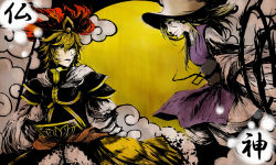 2girls alternate_costume bad_id bad_pixiv_id bishamonten bishamonten_(cosplay) blonde_hair coli collie cosplay female_focus hair_ornament hat highres moriya_suwako multiple_girls short_hair toramaru_shou touhou yellow_eyes