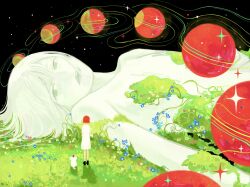 2girls absurdres animal blue_flower chinese_commentary closed_mouth colored_skin commentary_request dress flower giant giantess grass highres looking_at_viewer lying multiple_girls on_back orbited original outdoors planet plant_growth procreate_(medium) red_hair short_hair sky solo sparkle standing star_(sky) starry_sky surreal white_dress white_skin yuan_lian_mianbao