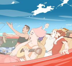 1boy 3girls 55bata6rou adora_(she-ra) animal_ears arm_over_head arm_up black_shirt blonde_hair blue_eyes blue_pants blue_sky bow_(she-ra) brown_hair can car car_interior cat_ears cat_girl catra cloud convertible day drink_can driving glimmer_(she-ra) guitar highres holding holding_can holding_guitar holding_instrument instrument long_hair looking_at_another motor_vehicle multiple_girls open_mouth orange_shirt outdoors pants pink_hair red_car red_shirt she-ra_and_the_princesses_of_power shirt short_hair sitting sky smile steering_wheel white_shirt wind