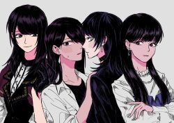 Rule 34 | 4girls, bang dream!, bang dream! it&#039;s mygo!!!!!, black choker, black gloves, black hair, black jacket, black shirt, blue dress, blue eyes, blush, choker, closed mouth, commentary request, crossed arms, dress, dual persona, earrings, gloves, grey background, hand in another&#039;s hair, hand on another&#039;s shoulder, hayashi coco, highres, imminent kiss, jacket, jewelry, korean commentary, looking at viewer, mole, mole under eye, multiple girls, okada mei, parted lips, purple eyes, shiina taki, shirt, simple background, smile, stud earrings, sweat, timoris (bang dream!), white dress, white shirt, yahata umiri, youshuki, yuri
