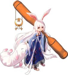 1girl animal_ears animal_print ark_order blue_dress braid carrot_hair_ornament chinese_clothes crescent crescent_print dress flats floral_print food-themed_hair_ornament full_body hair_ornament hanfu holding holding_mallet holding_stuffed_toy kine leaning_forward long_hair long_sleeves looking_at_viewer mallet mole mole_under_eye moon_rabbit_(ark_order) official_art open_mouth pink_shoes pom_pom_(clothes) qixiong_ruqun rabbit_ears rabbit_girl rabbit_print rabbit_tail red_eyes ruqun shawl shoboon shoes side_braid sidelocks solo standing stuffed_animal stuffed_rabbit stuffed_toy tachi-e tail transparent_background usagi_kine very_long_hair white_hair wide_sleeves you_ni_ge_shaobing