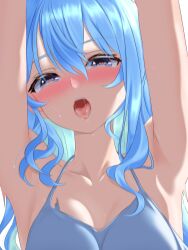 1girl armpits arms_up blue_camisole blue_eyes blue_hair blush camisole collarbone heart heart-shaped_pupils highres hololive hoshimachi_suisei long_hair looking_at_viewer open_mouth rain_lambda simple_background solo star_(symbol) star_in_eye symbol-shaped_pupils symbol_in_eye tongue tongue_out upper_body virtual_youtuber wavy_hair white_background