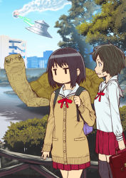 2girls bag briefcase brown_hair cardigan douta_moee jitome meteor moee-chan_ha_ki_ni_shinai multiple_girls oda_takayuki original pleated_skirt school_bag school_briefcase school_uniform serafuku short_hair skirt sweater tortoise turtle ufo