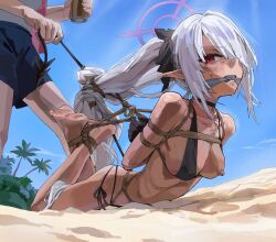1boy 1girl a_tea arms_behind_back bare_shoulders bdsm beach bikini black_bikini black_choker black_gloves black_ribbon blue_archive bondage bound breasts choker cloth_gag collarbone dark-skinned_female dark_skin gag gagged gloves grey_hair hair_over_one_eye halo highres hogtie improvised_gag iori_(blue_archive) iori_(swimsuit)_(blue_archive) long_hair looking_at_viewer lying on_stomach palm_tree pointy_ears red_eyes ribbon sand shibari skindentation sky small_breasts swimsuit tail tree twintails very_long_hair