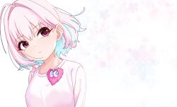 Rule 34 | 1girl, ahoge, aqua hair, breasts, closed mouth, colored inner hair, commentary request, earrings, expressionless, floral background, hair intakes, heart ornament, highres, idolmaster, idolmaster cinderella girls, idolmaster cinderella girls starlight stage, jewelry, kakki (kackie), medium hair, multicolored hair, pink eyes, pink hair, pink shirt, shirt, solo, stud earrings, stuffed toy, two-tone hair, upper body, white background, yumemi riamu