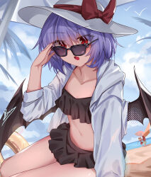 3girls absurdres adjusting_eyewear beach black_bra black_skirt blush bow bra commentary_request day flandre_scarlet frilled_bra frilled_skirt frills hat hat_bow highres hong_meiling jacket multiple_girls ocean outdoors red_bow red_eyes remilia_scarlet sand signature skirt solo_focus sun_hat sunglasses top-exerou touhou umbrella underwear water