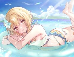 1girl bare_shoulders barefoot bikini blonde_hair blue_innertube blue_sky breasts cleavage closed_mouth commentary_request crossed_arms day feather_hair_ornament feathers feet_up flower genshin_impact hair_between_eyes hair_flower hair_ornament highres innertube light_rays light_smile looking_at_viewer lumine_(genshin_impact) lumine_(hot_springs)_(genshin_impact) lying medium_breasts naya_nya23 official_alternate_costume on_innertube on_stomach outdoors short_hair_with_long_locks side-tie_skirt sky solo sunlight swim_ring swimsuit water weapon white_bikini yellow_eyes