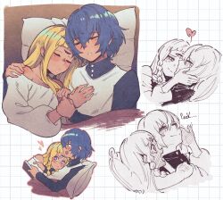 Rule 34 | 1boy, 1girl, absurdres, andrich galam, blonde hair, blue eyes, blush, braid, closed eyes, closed mouth, couple, dark-skinned female, dark-skinned male, dark skin, dress, eupha (metaphor: refantazio), highres, long hair, metaphor: refantazio, open mouth, protagonist (metaphor: refantazio), purple eyes, short hair, smile, third eye, twin braids