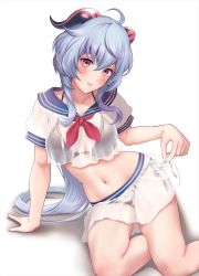 Rule 34 | 1girl, ahoge, bikini, bikini under clothes, black bikini, blouse, blue hair, blush, breasts, edogawa roman, ganyu (genshin impact), genshin impact, horns, large breasts, long hair, looking at viewer, paid reward available, purple eyes, school uniform, serafuku, shirt, solo, swimsuit, thighs, white shirt