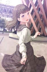 1girl :d blurry blurry_background braid brown_hair brown_ribbon brown_skirt casual center-flap_bangs commentary cowboy_shot day highres ishikawa_prefecture kachimachi_kosuzu kachimachi_kosuzu_(summer_casual) kanazawa_station link!_like!_love_live! long_hair long_skirt long_sleeves looking_at_viewer looking_back love_live! neck_ribbon official_alternate_costume open_mouth pink_eyes plaid_clothes plaid_skirt puffy_long_sleeves puffy_sleeves real_world_location ribbon shamakho shirt side_braids skirt skirt_hold smile solo straight_hair teeth upper_teeth_only virtual_youtuber white_shirt