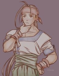 1boy absurdres artist_name brown_eyes brown_hair fei_fong_wong grey_background hand_on_own_chin hand_on_own_hip hand_up headband highres linnaealyn long_hair male_focus ponytail short_sleeves solo standing very_long_hair xenogears