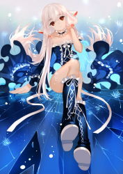 00s 1girl boots bow chii chobits female_focus flower hair_ornament hair_tubes hand_on_own_shoulder highres joseph_lee long_hair red_eyes silver_hair sitting smile solo