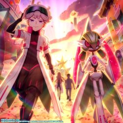 Rule 34 | 1girl, 2boys, ahoge, arm blade, bede (pokemon), blonde hair, closed mouth, coat, colored sclera, colored skin, commentary request, curly hair, eyelashes, eyewear on head, highres, holding, iron valiant, jacket, long hair, looking at viewer, male focus, mohawk, multicolored skin, multiple boys, nintendo, official art, oleana (pokemon), pokemon, pokemon (creature), pokemon masters ex, purple eyes, red eyes, robot, rose (pokemon), sairen ayame, shirt, short hair, shorts, smile, sunglasses, two-tone skin, weapon, white coat