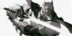 1boy armor batman batman_(series) black_cape black_gloves blood blood_on_face blue_eyes breastplate cape dc_comics gloves greyscale helmet highres holding holding_sword holding_weapon monochrome shoulder_pads sword vambraces weapon white-corner