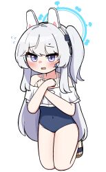 1girl animal_ears bare_arms bare_legs bare_shoulders black_one-piece_swimsuit blue_archive blue_halo blush casual_one-piece_swimsuit collarbone covered_navel earpiece fake_animal_ears flying_sweatdrops frilled_one-piece_swimsuit frills full_body grey_hair halo highres long_hair looking_at_viewer miyako_(blue_archive) miyako_(swimsuit)_(blue_archive) off-shoulder_one-piece_swimsuit off_shoulder official_alternate_costume one-piece_swimsuit one_side_up open_mouth purple_eyes rabbit_ears sandals simple_background solo swimsuit tagyeokgam white_background