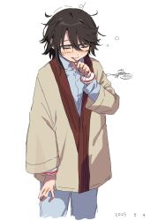 1girl blush brown_hair brushing_teeth closed_mouth collared_shirt cropped_legs dated glasses highres jacket long_sleeves momijiyama_teru n-villio semi-rimless_eyewear shirt short_hair shy_(series) simple_background solo takatisakana white_background