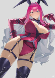 1girl absurdres alternate_costume animal_ears baobhan_sith_(fate) blush bow bowtie breasts closed_mouth fake_animal_ears fate/grand_order fate_(series) fingernails grey_background grey_eyes hair_intakes hand_on_own_hip hand_up highleg highleg_leotard highres kurozawa_yui large_breasts leotard long_fingernails looking_at_viewer looking_down pink_hair pink_leotard pink_nails playboy_bunny purple_bow purple_bowtie purple_thighhighs rabbit_ears sidelocks simple_background solo thigh_strap thighhighs thighs
