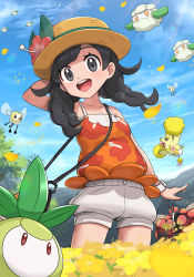 1girl absurdres black_hair breasts bug buzzwole creatures_(company) field flower flower_field game_freak gen_5_pokemon gen_7_pokemon gonzarez hat highres insect mosquito muscular nintendo petilil pokemon pokemon_(creature) pokemon_usum red_flower selene_(pokemon) shirt short_hair shorts sky sleeveless sleeveless_shirt small_breasts solo sun_hat sunflower sunflower_field swept_bangs ultra_beast white_shorts