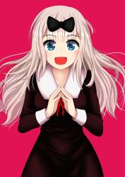 1girl :o black_bow blue_eyes bow fujiwara_chika highres kaguya-sama_wa_kokurasetai_~tensai-tachi_no_renai_zunousen~ long_sleeves looking_at_viewer school_uniform smile the_only_shoe
