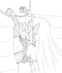 2girls akemi_homura akuma_homura arms_tied_above_head bow chain chained_wrists detached_collar detached_sleeves elbow_gloves gloves greyscale hair_bow implied_kiss long_hair mahou_shoujo_madoka_magica mahou_shoujo_madoka_magica:_hangyaku_no_monogatari miki_sayaka miki_sayaka_(magical_girl) monochrome multiple_girls short_hair warriorkk yuri