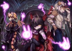 1girl 2boys aak_(arknights) animal_ears arknights claws colored_sclera colored_tips dido_(di_do_di_do) furry furry_female furry_male ghost hashtag-only_commentary highres horns hung_(arknights) komainu_boy komainu_ears komainu_tail looking_at_viewer looking_back monocle multicolored_hair multiple_boys mummy_costume orange_eyes pectorals ponytail single_horn tail tiger_ears tiger_girl tiger_stripes tiger_tail toned toned_male tongue tongue_out vampire_costume waai_fu_(arknights) yellow_sclera